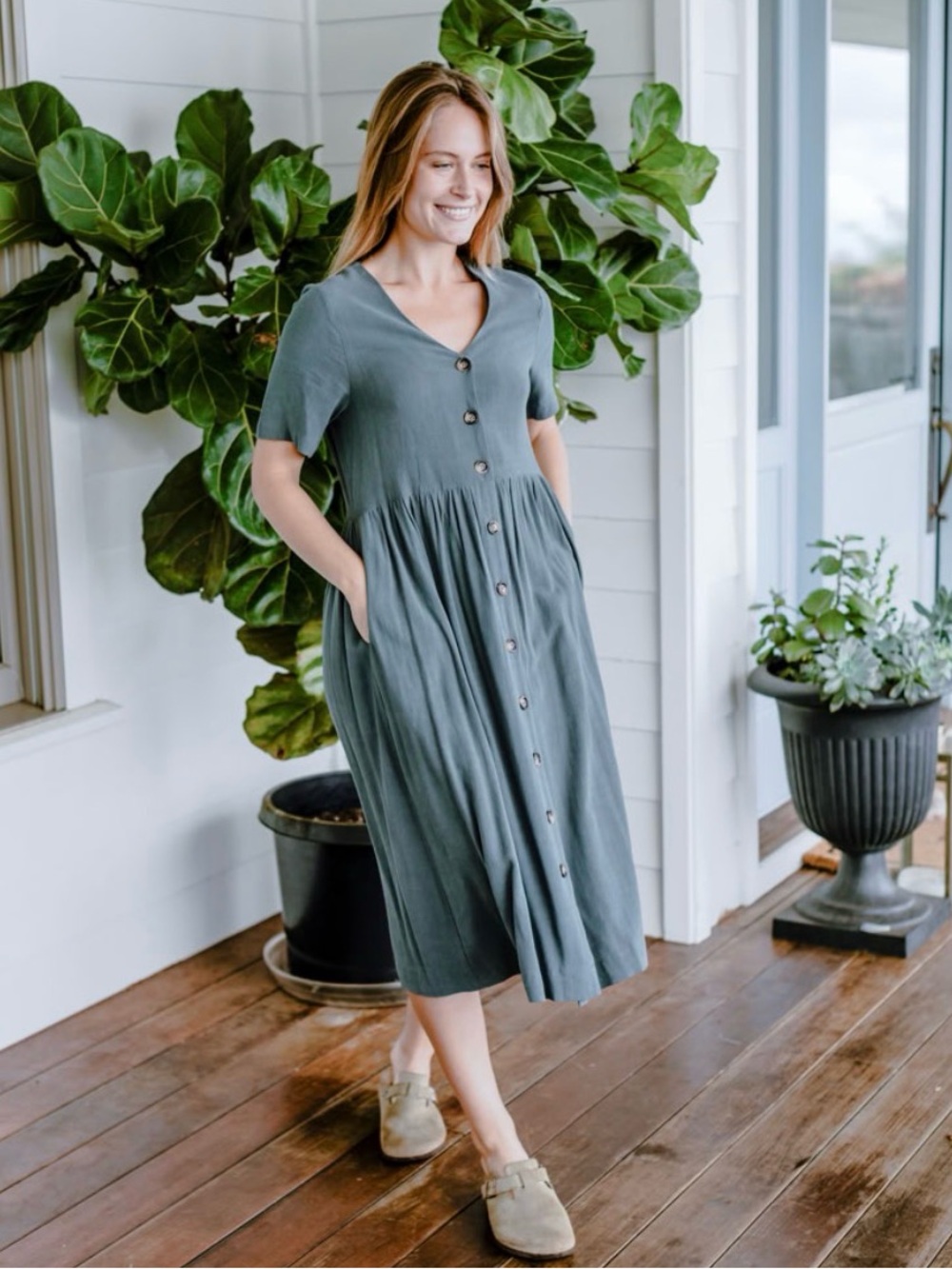 Womens Button-Front Short Sleeve Midi Dress - Slate Green